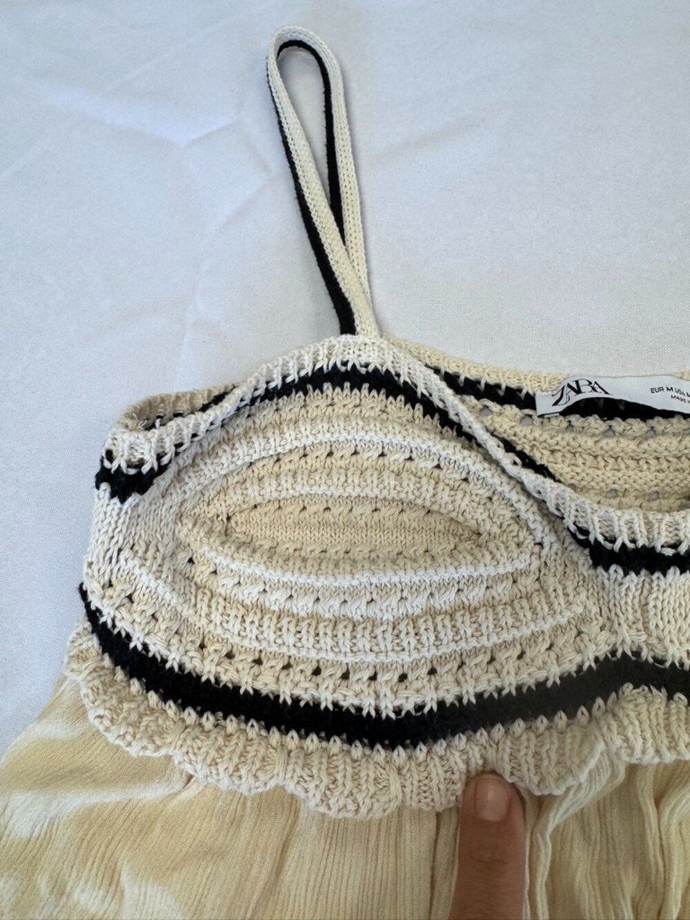 Zara Ecru Crochet Knit Maxi Dress Babydoll Silhouette Black Trim Size M Rare - Picture 6 of 11